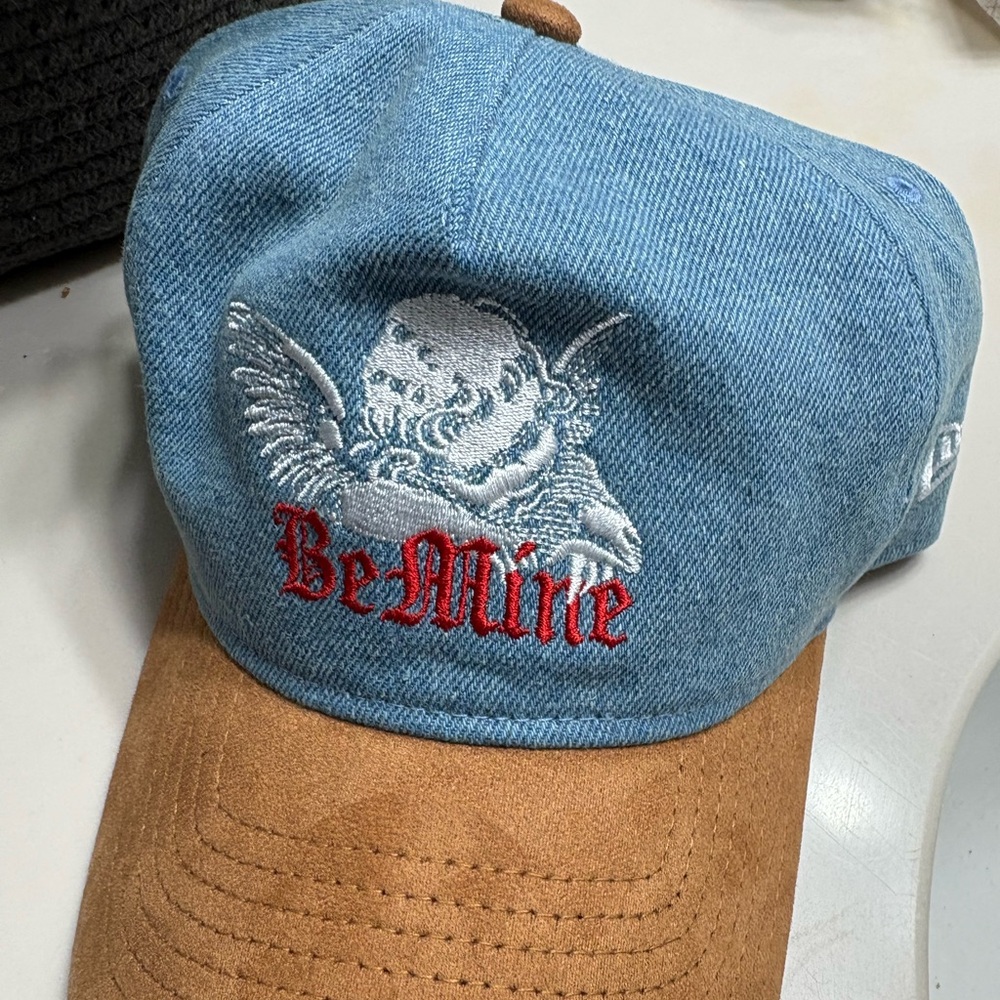 New Era Blue Denim Cap with Brown Suede Bill and Red Embroidery